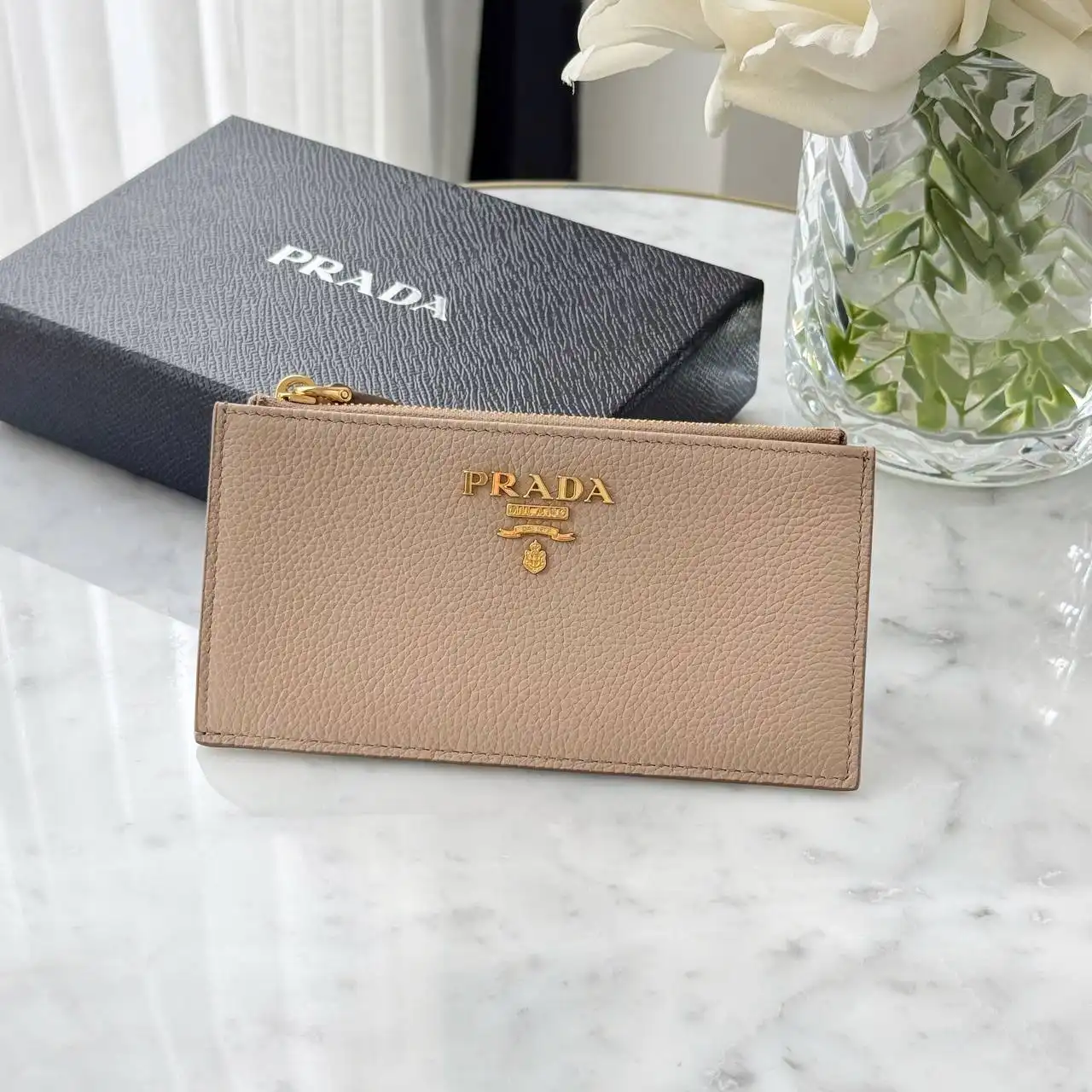 Prada Prada Zip Pouch Card Wallet Beige Grained