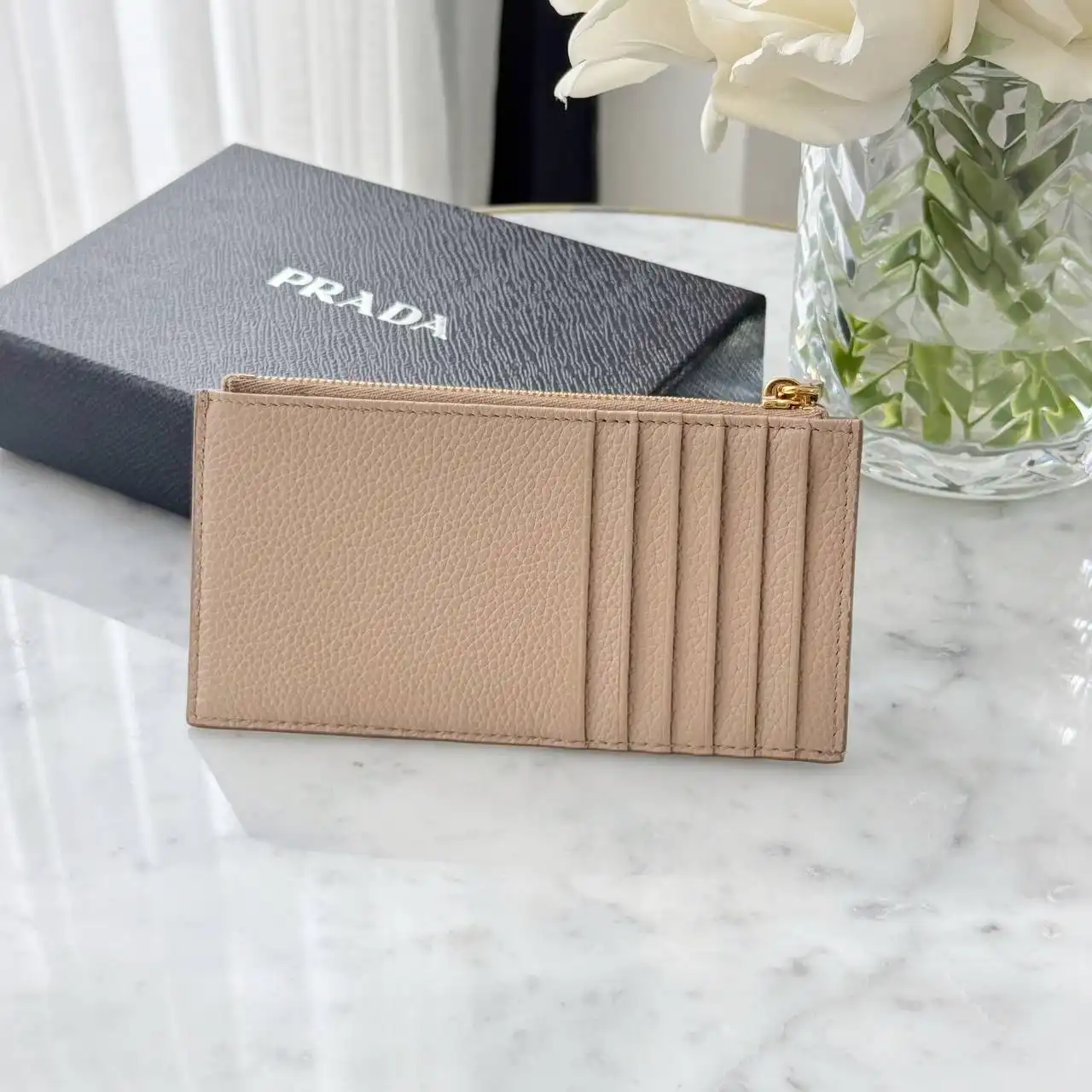 Prada Prada Zip Pouch Card Wallet Beige Grained