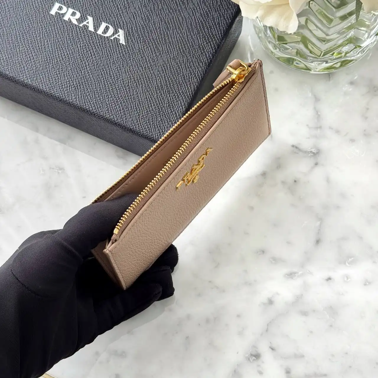 Prada Zip Pouch Card Wallet Beige Grained - photo 3