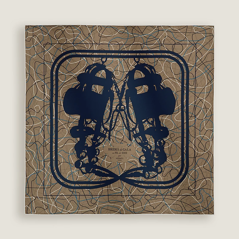 Hermes Hermes Brides de Gala au Fil de Soie scarf 90 marron glace / bleu marine / Blanc White
