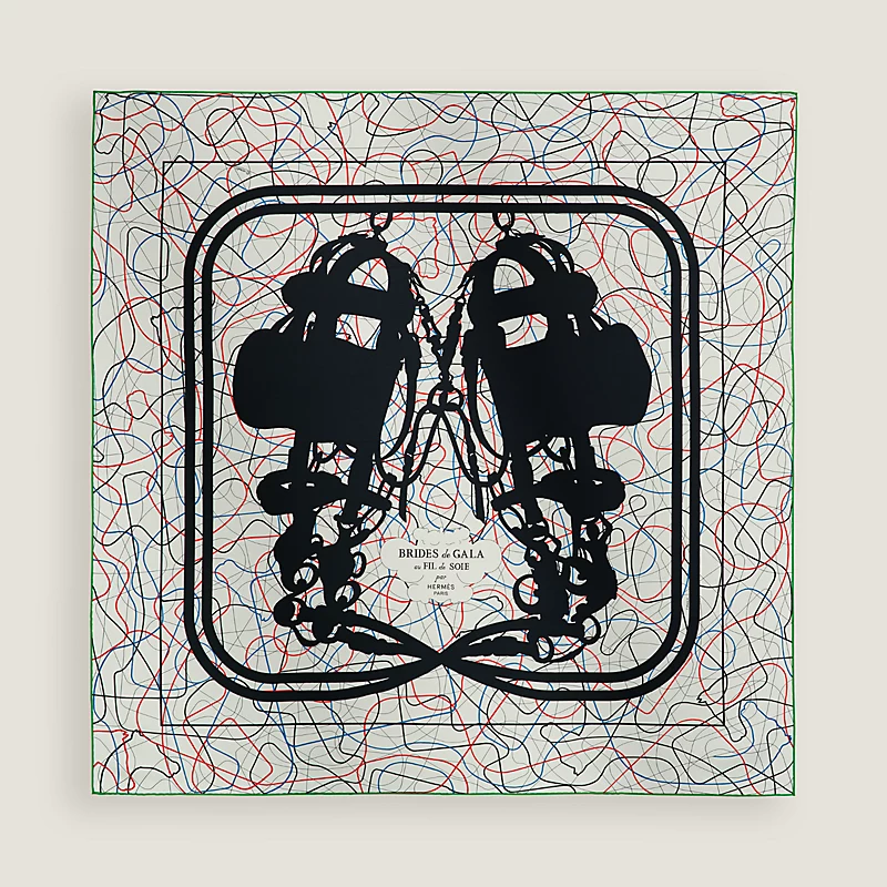 Hermes Hermes Brides de Gala au Fil de Soie scarf 90 Blanc White / Noir Black/ Rouge