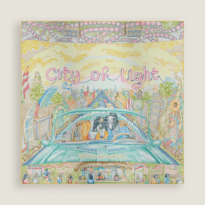 Hermes Hermes City of Light Scarf 90 Jaune / Celadon / Rose