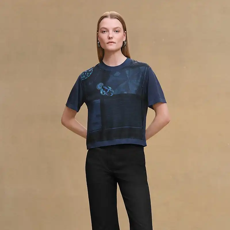 Hermes top Coloriages de Jour Short-Sleeve Twillaine Sweater Bleu Encre - photo 4