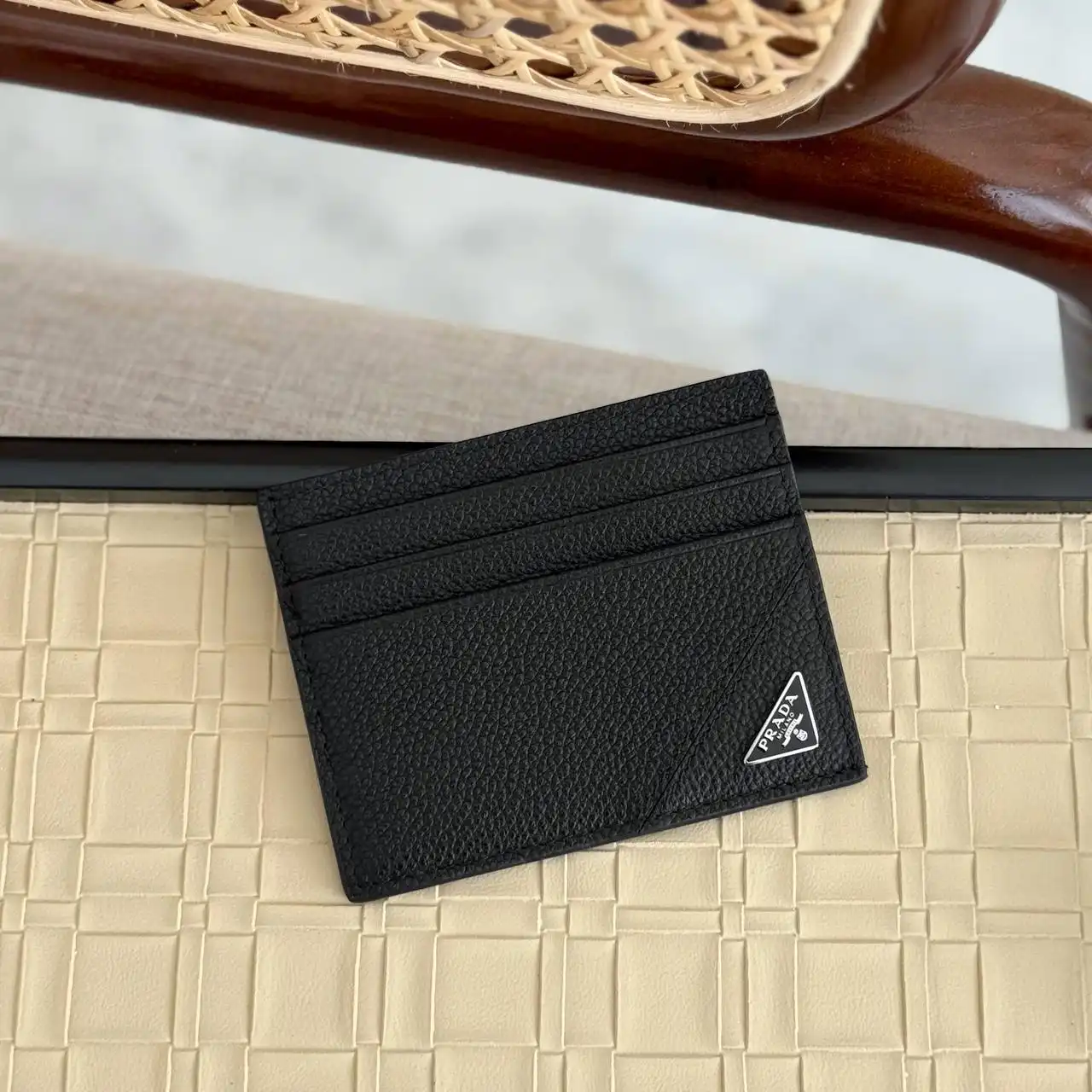Prada Prada Triangle Metal Logo Card Case Grained Black