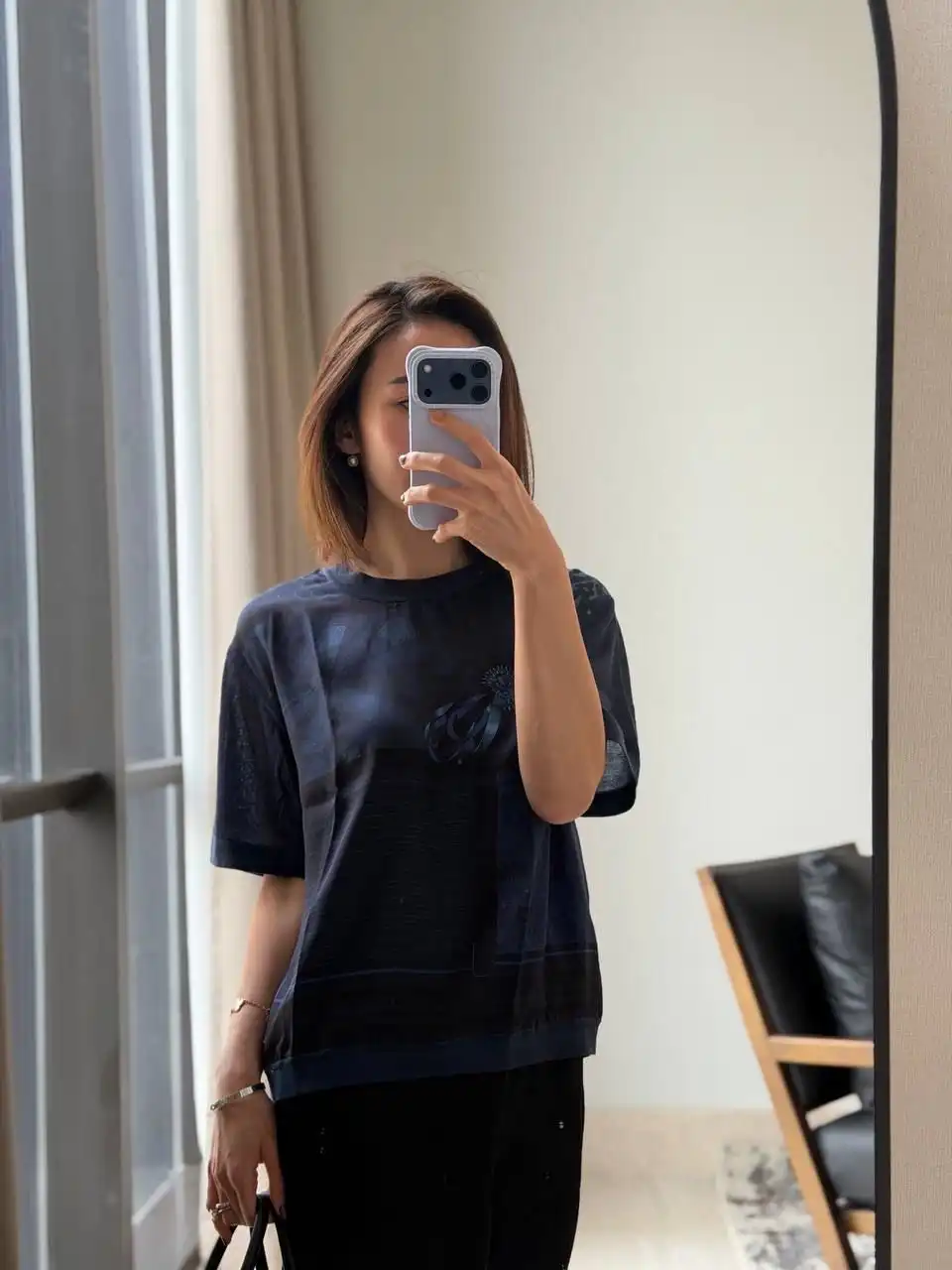 Hermes top Coloriages de Jour Short-Sleeve Twillaine Sweater Bleu Encre - photo 7