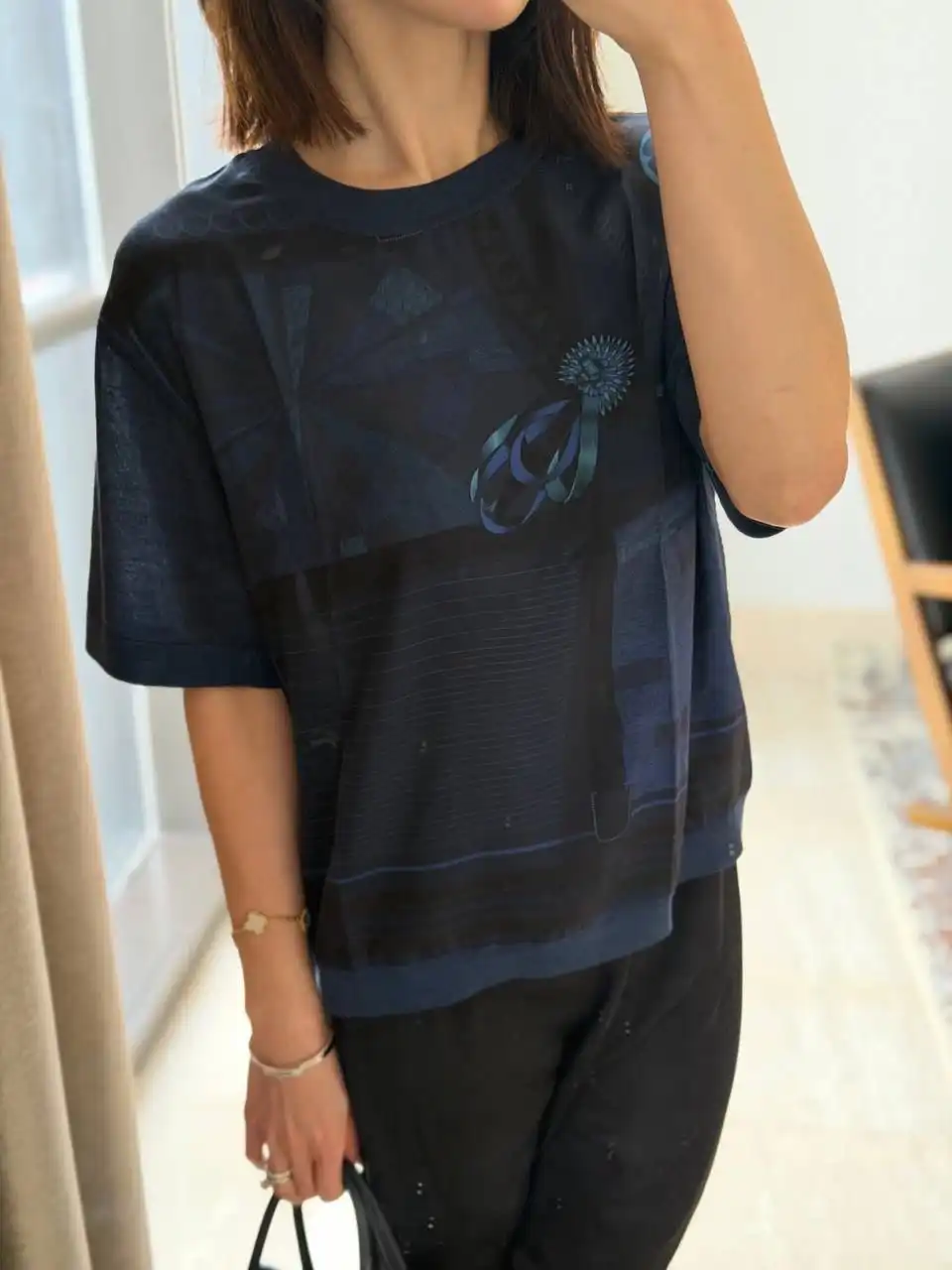 Hermes top Coloriages de Jour Short-Sleeve Twillaine Sweater Bleu Encre - photo 8