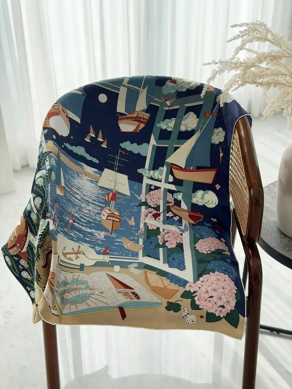 Hermes Hermes LEsprit sEnvole Scarf 90 Bleu Marine / Vert / Creme