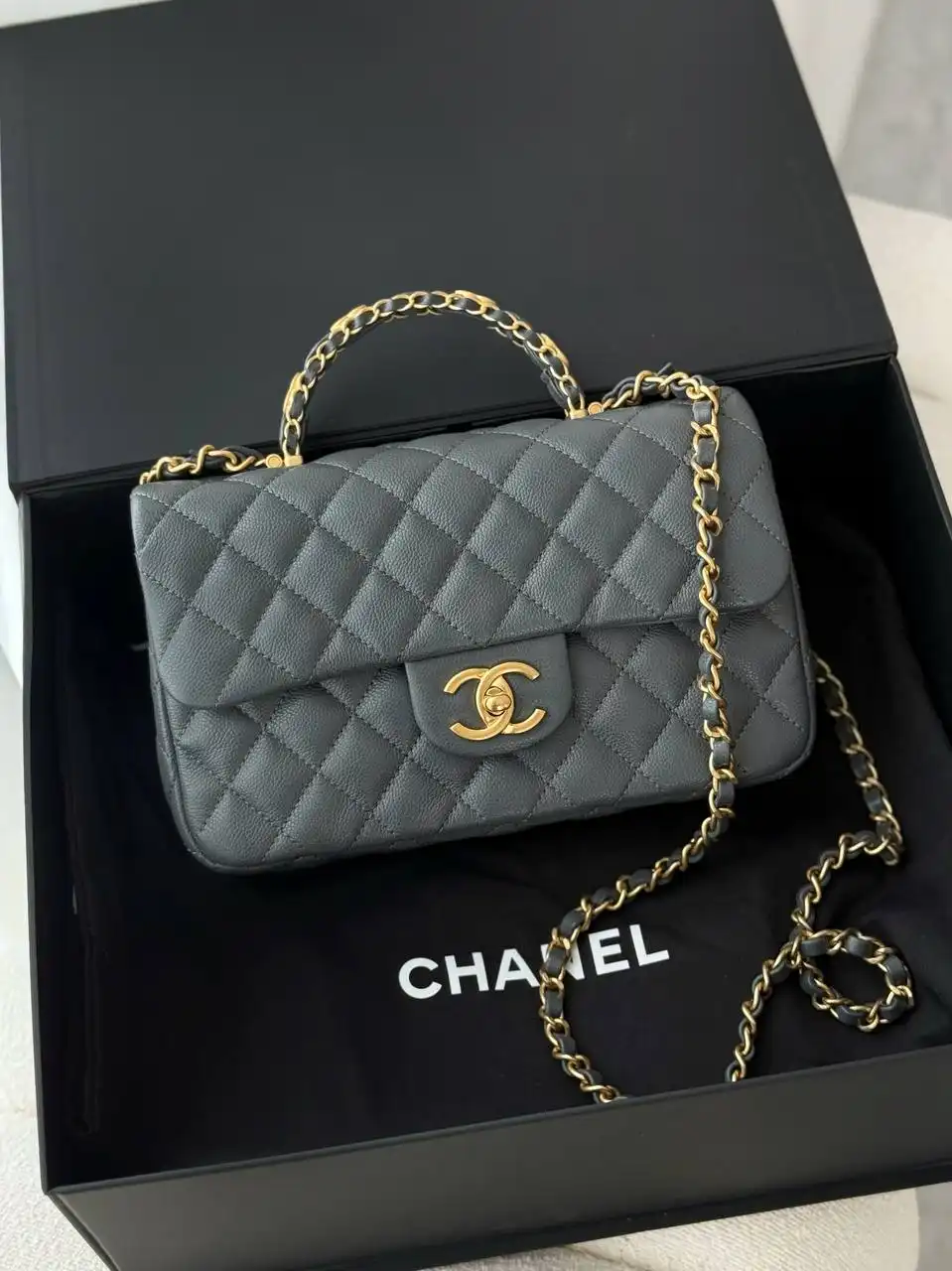 CHANEL Chanel Small Top Handle Flap Bag Dark Grey GHW Caviar