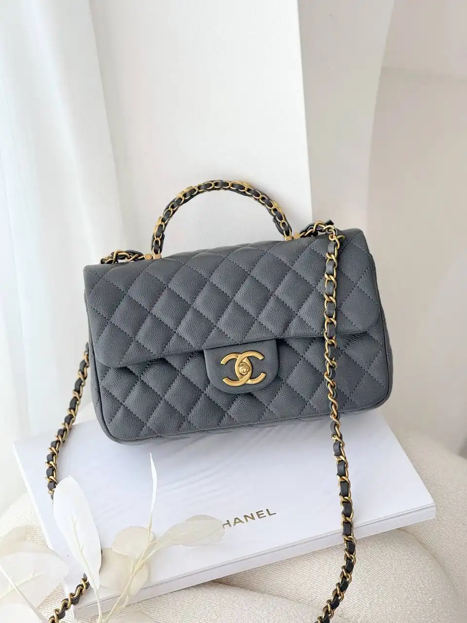 CHANEL Chanel Small Top Handle Flap Bag Dark Grey GHW Caviar