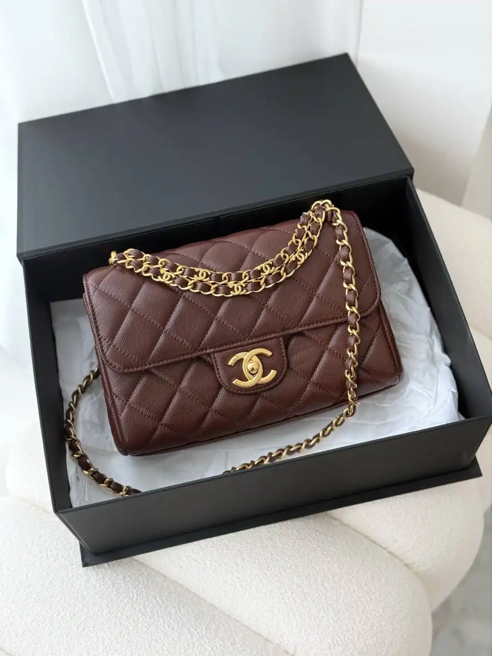 CHANEL Chanel Small FlapBag With Handle Dark Chocolate Caviar GHW