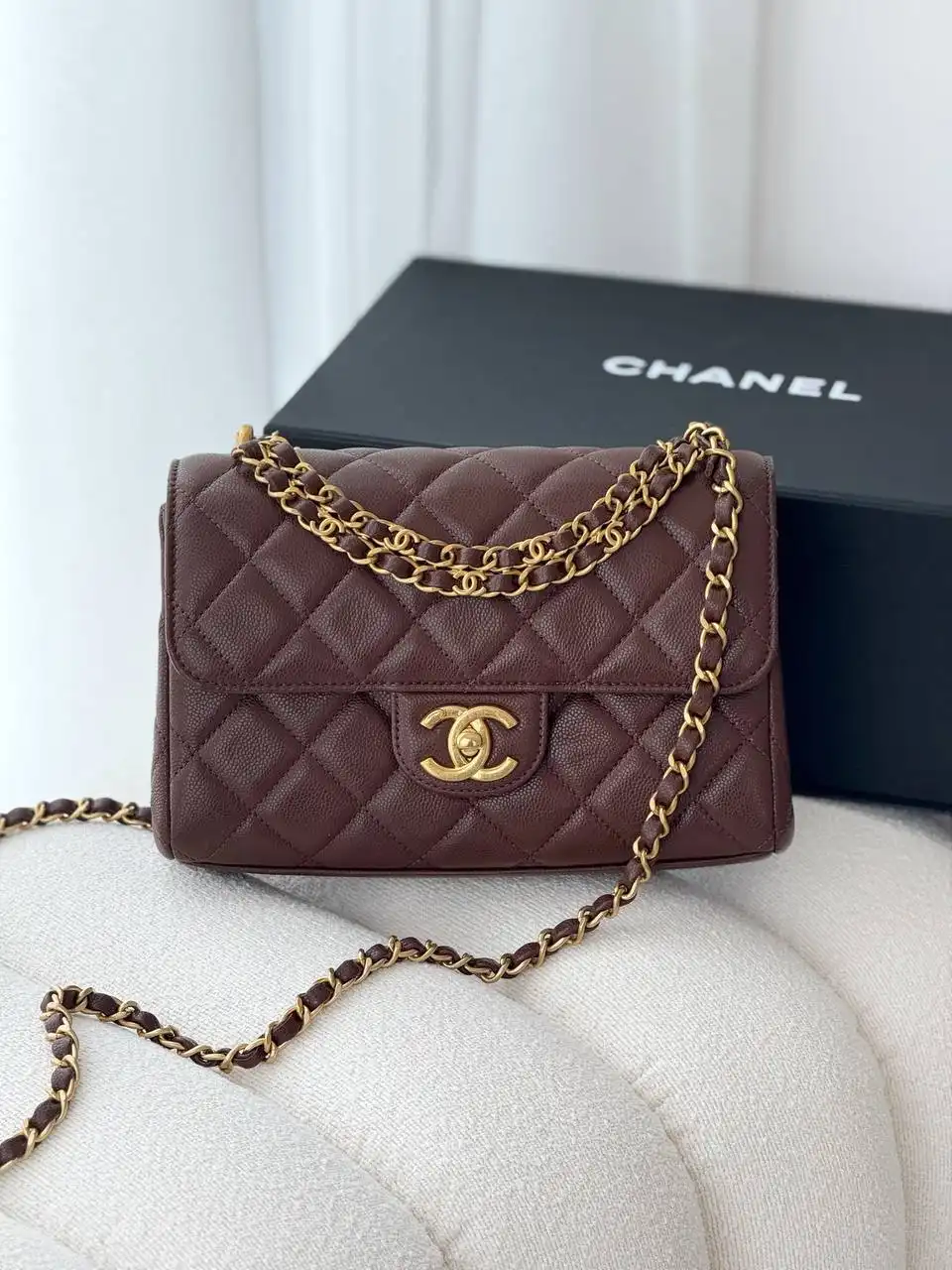 CHANEL Chanel Small FlapBag With Handle Dark Chocolate Caviar GHW