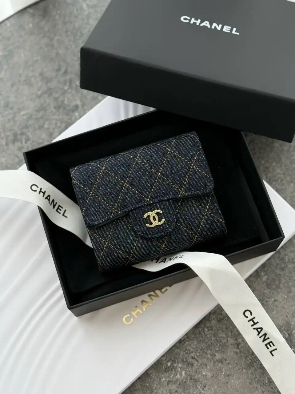 CHANEL Chanel Small Wallet Trifold Denim GHW
