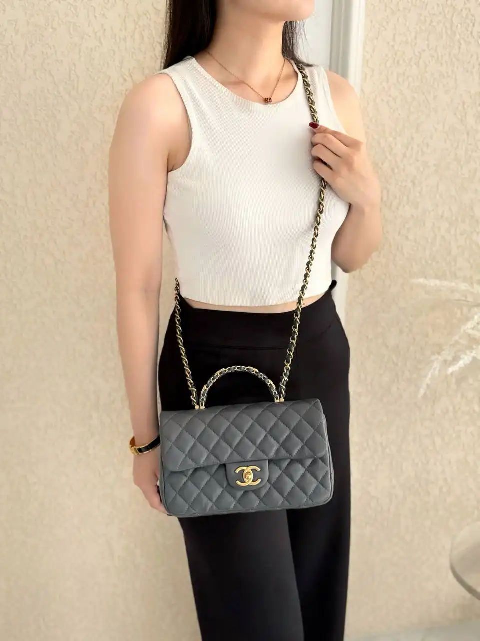 Chanel Small Top Handle Flap Bag Dark Grey GHW Caviar - photo 3