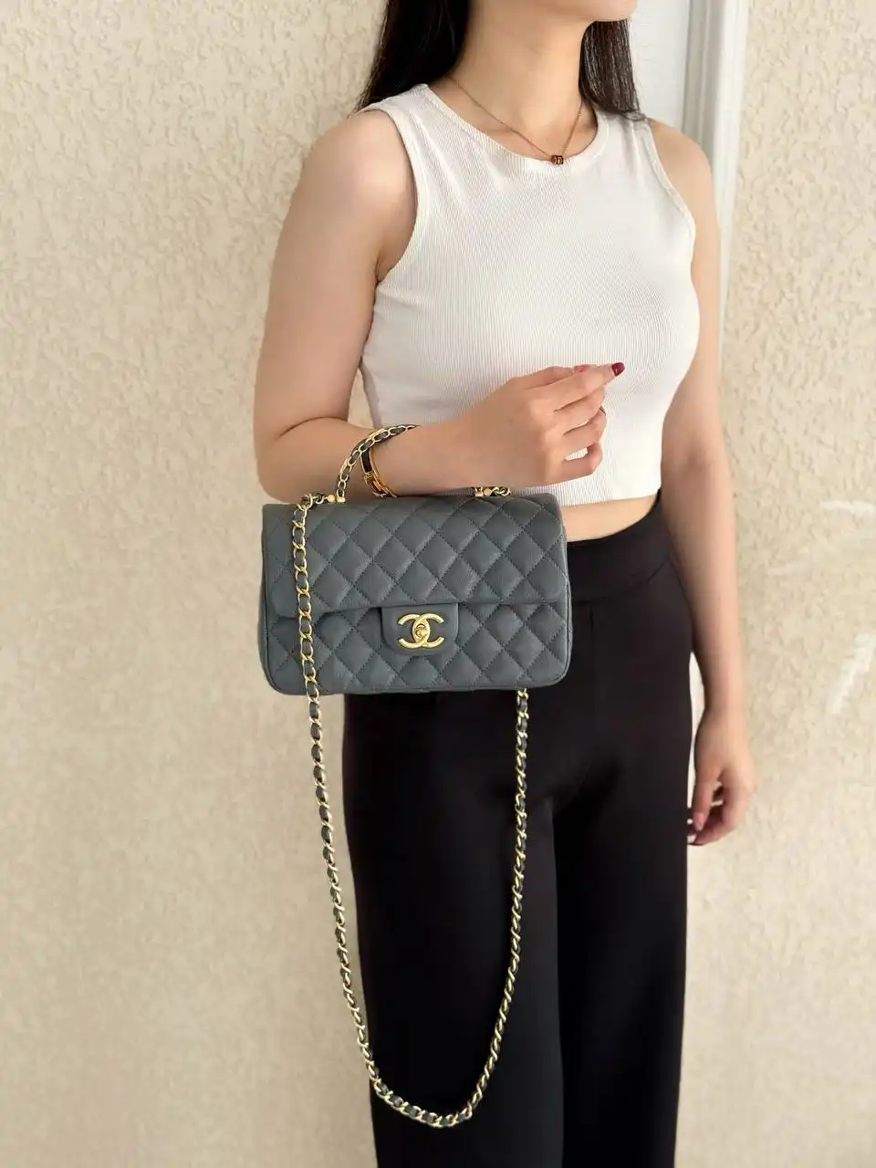 Chanel Small Top Handle Flap Bag Dark Grey GHW Caviar - photo 4