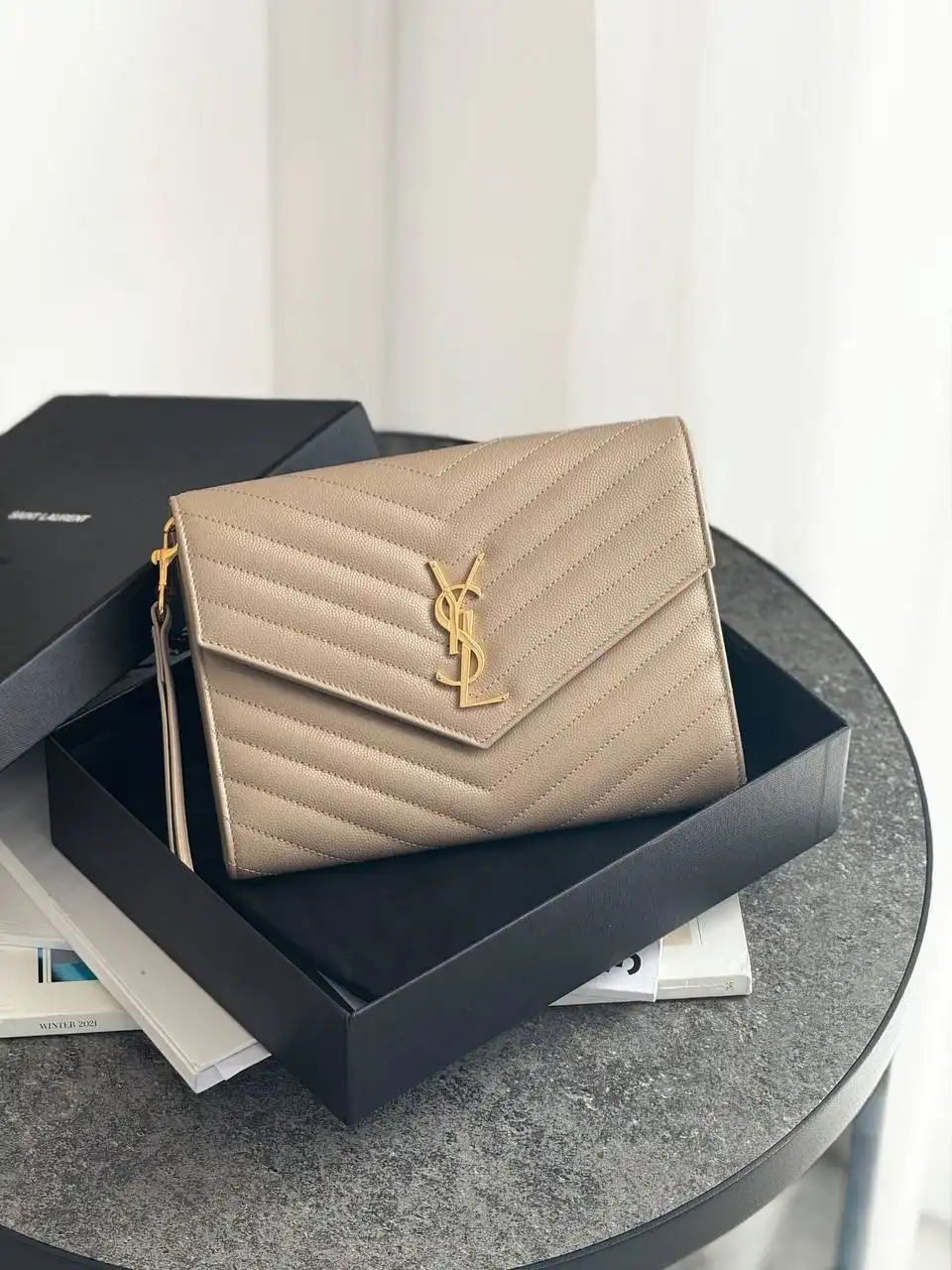 YSL YSL Classic Monogram Envelope Wristlet Clutch Beige GHW