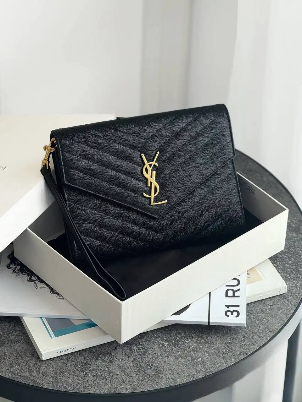 YSL YSL Classic Monogram Envelope Wristlet Clutch Black Caviar GHW