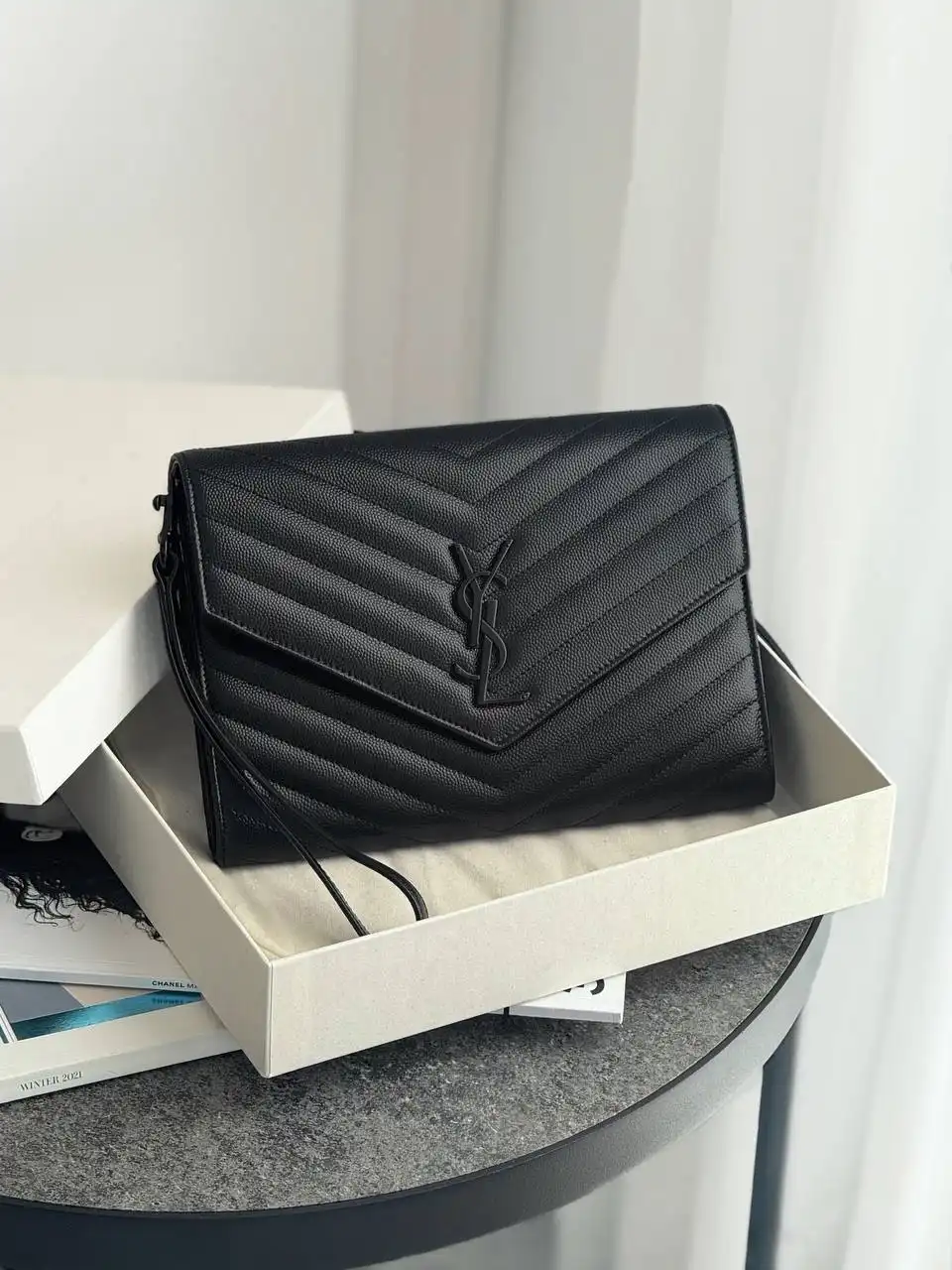 YSL YSL Classic Monogram Envelope Wristlet Clutch Black Caviar BHW