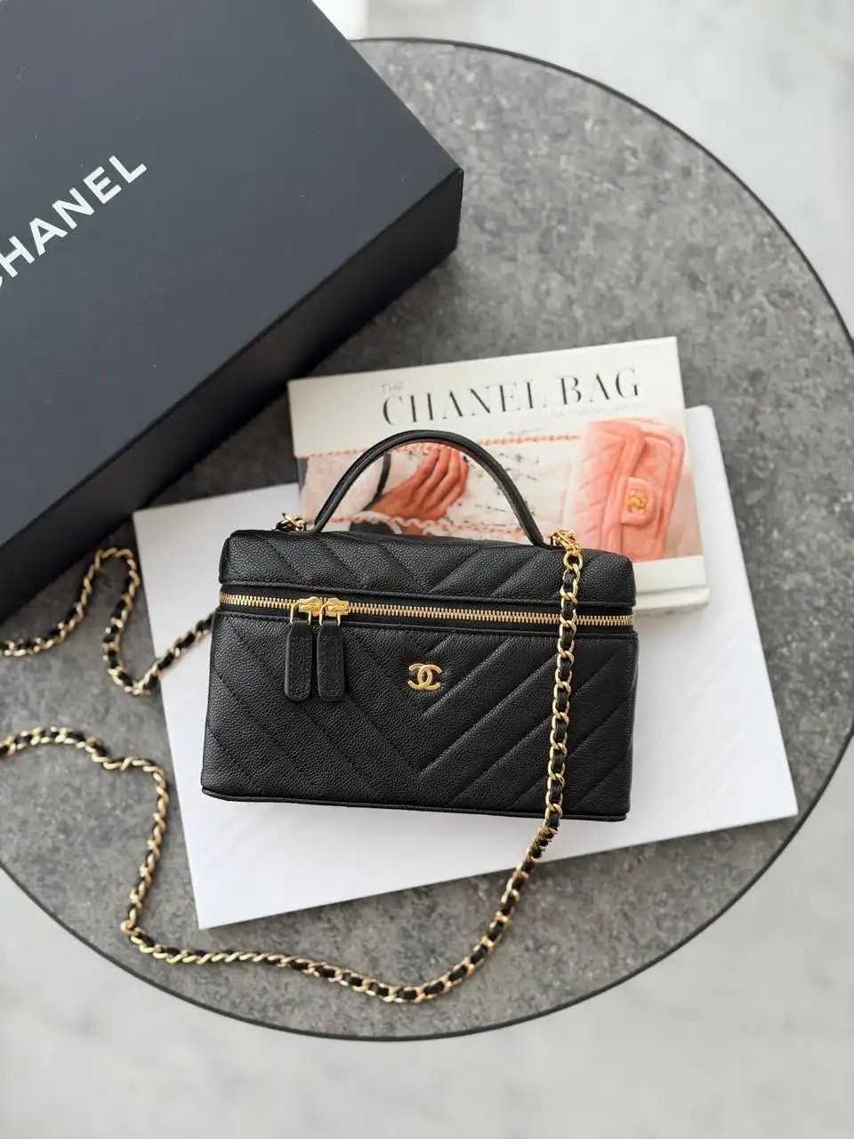 CHANEL Chanel Vanity Clutch Top Handle Chevron Black Caviar GHW