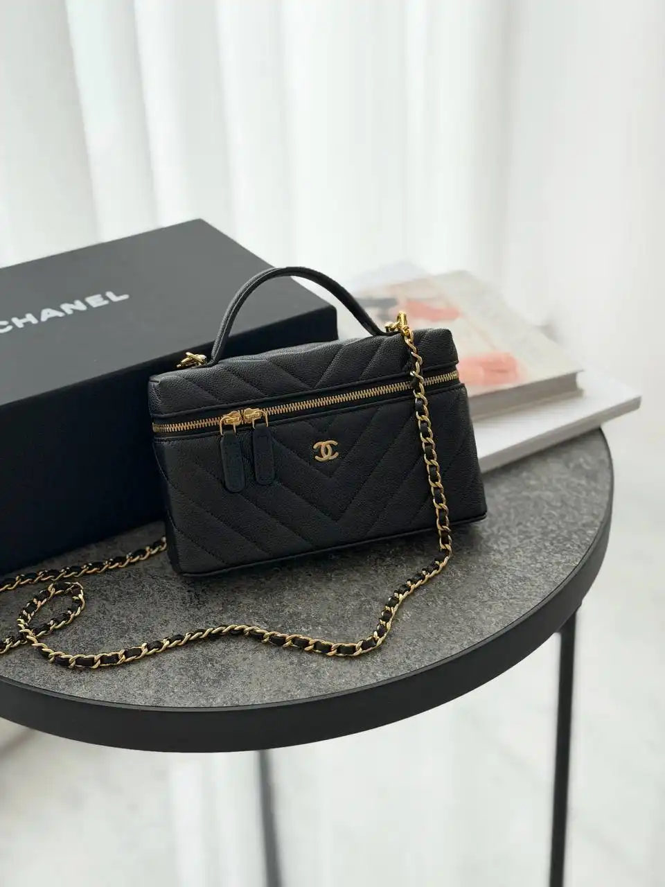 CHANEL Chanel Vanity Clutch Top Handle Chevron Black Caviar GHW