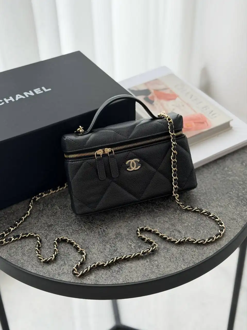 CHANEL Chanel Vanity Clutch Top Handle Big Square Black Caviar GHW