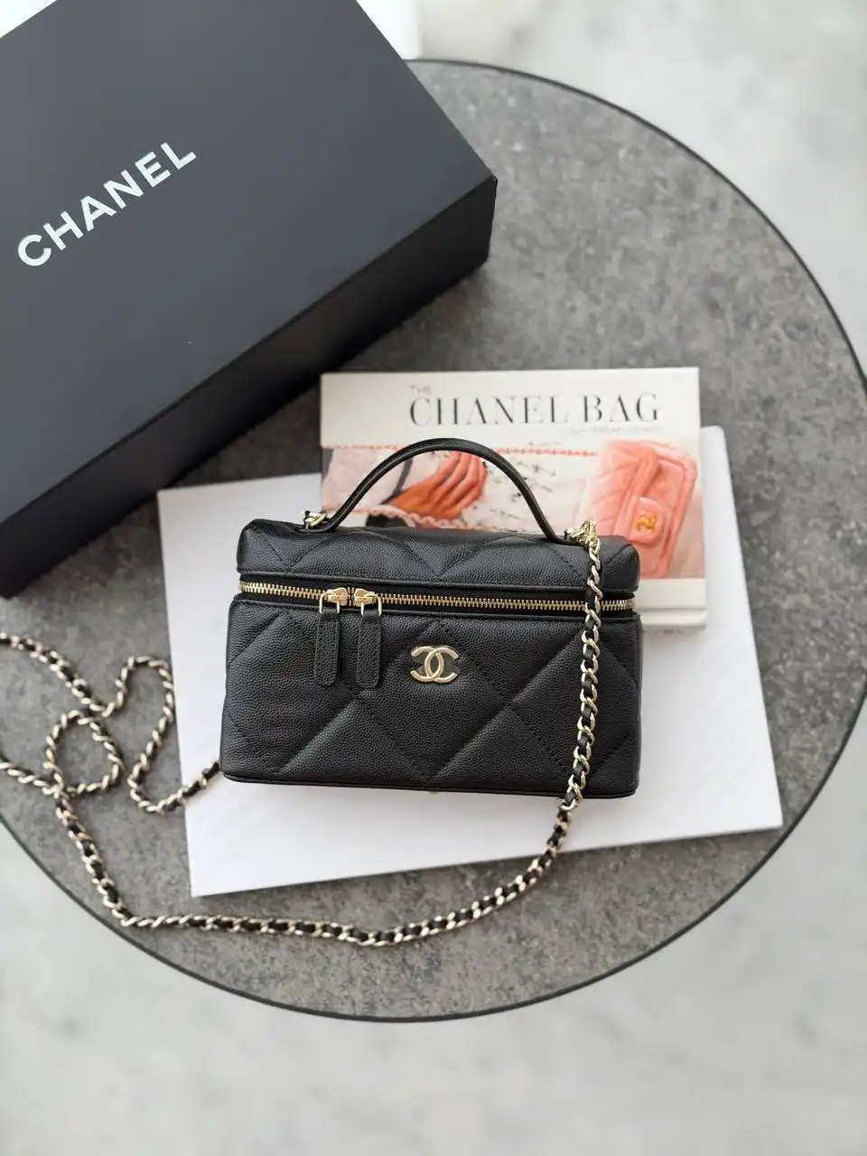 CHANEL Chanel Vanity Clutch Top Handle Big Square Black Caviar GHW