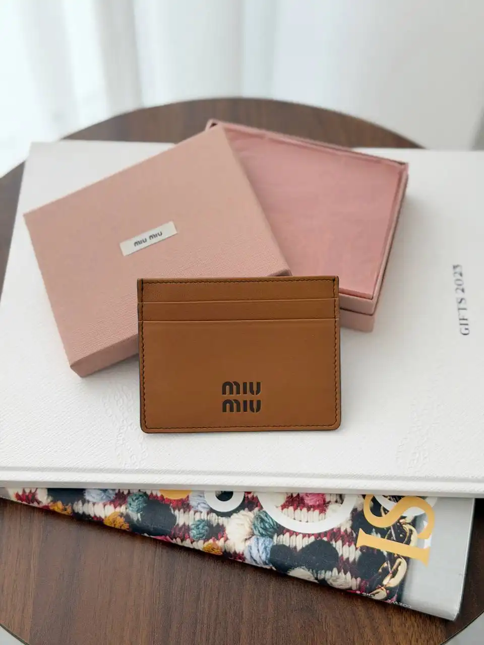Miu Miu Miu Miu Card Holder Wallet Calf Cognac Brown Logo