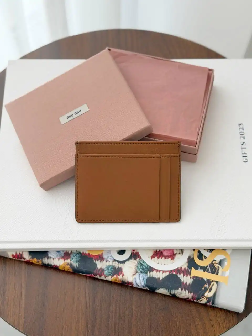 Miu Miu Miu Miu Card Holder Wallet Calf Cognac Brown Logo