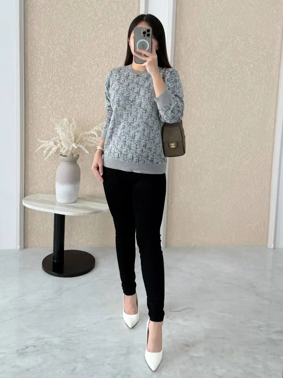 DIOR Dior Sweater Light Grey Cotton Mouline Knit with Deep Grey Dior Oblique Jacquard