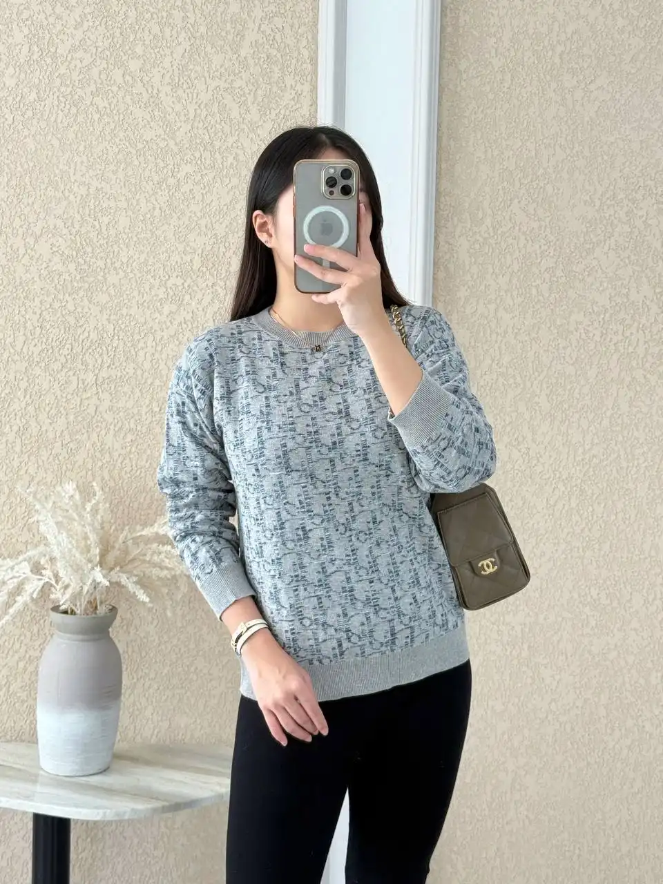 Dior Sweater Light Grey Cotton Mouline Knit with Deep Grey Dior Oblique Jacquard - photo 3