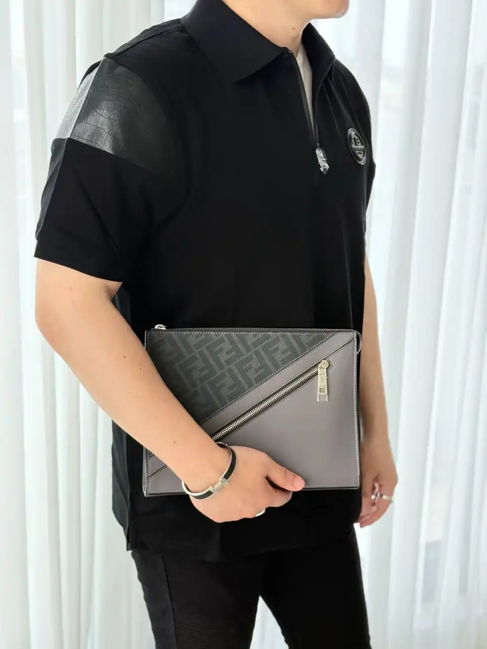 Fendi Fendi Diagonal Leather Clutch Bag Grey