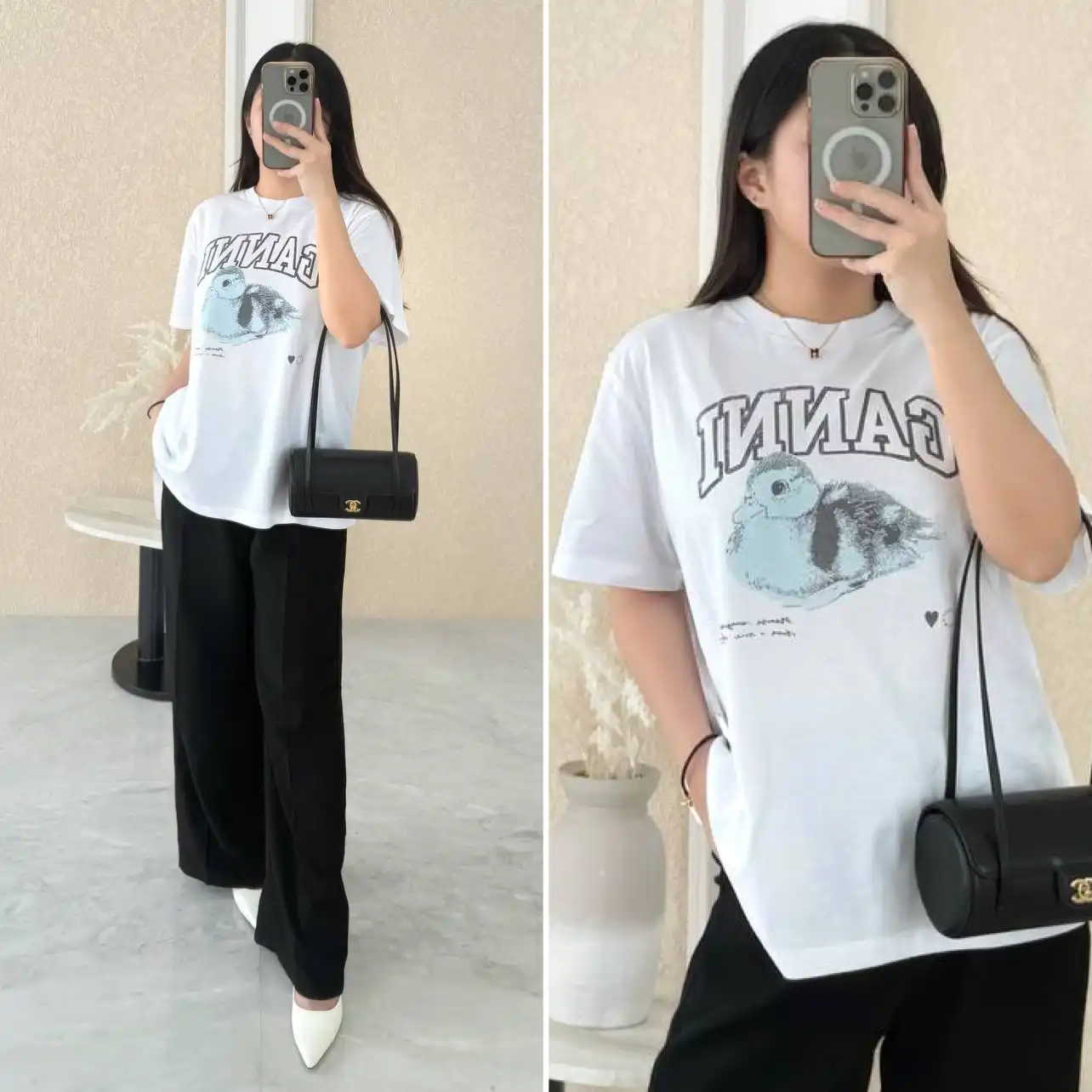 Ganni Ganni T-shirt Duck Print Logo White