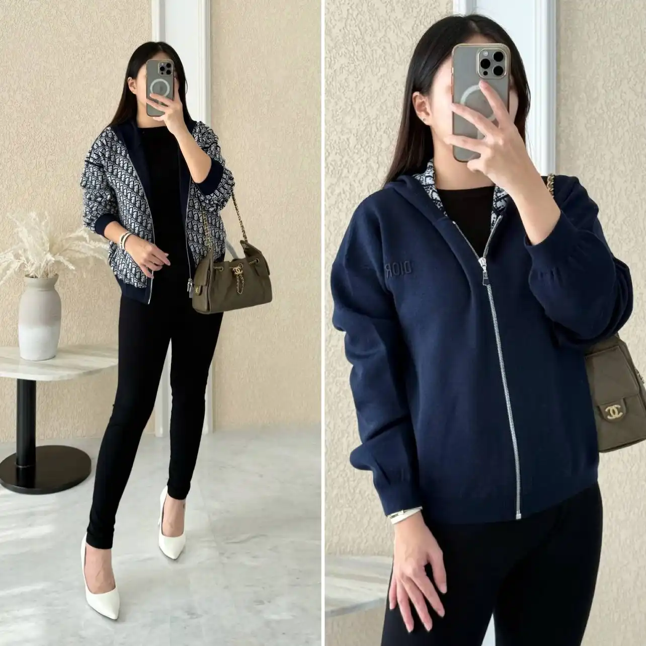 DIOR Dior Reversible Zipped Cardigan with Hood Navy Blue Wool Knit with Ivory and Blue Dior Oblique Jacquard