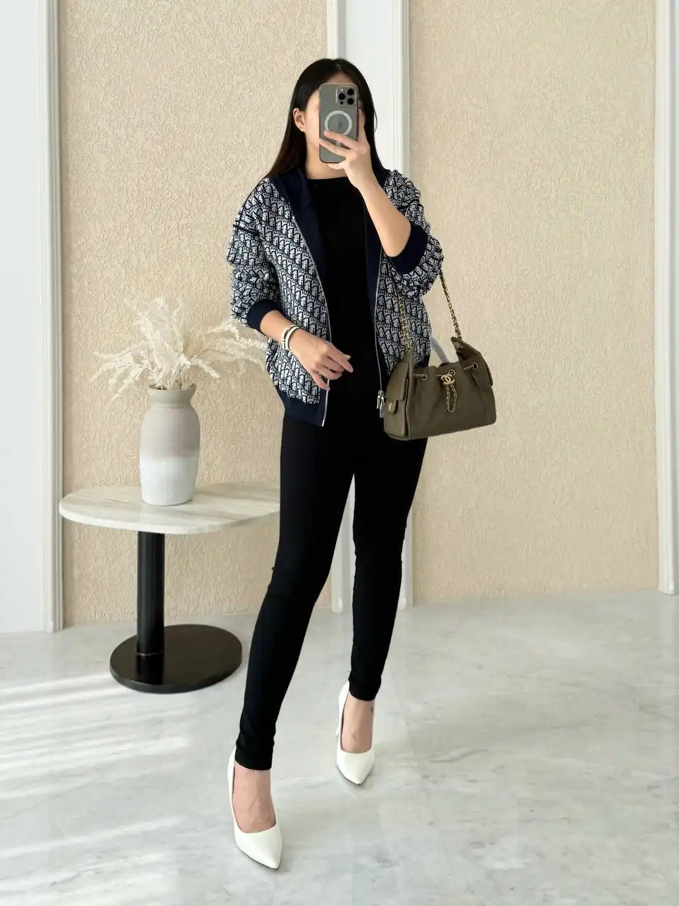 DIOR Dior Reversible Zipped Cardigan with Hood Navy Blue Wool Knit with Ivory and Blue Dior Oblique Jacquard