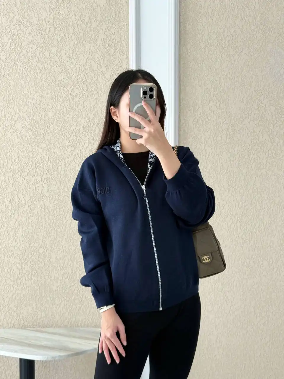 Dior Reversible Zipped Cardigan with Hood Navy Blue Wool Knit with Ivory and Blue Dior Oblique Jacquard - photo 3