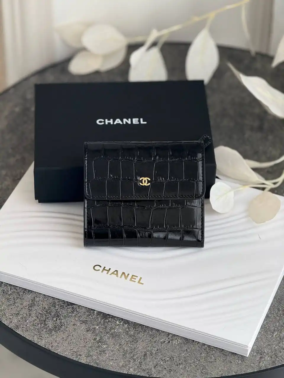 CHANEL Chanel Small Wallet Trifold Croco Black GHW