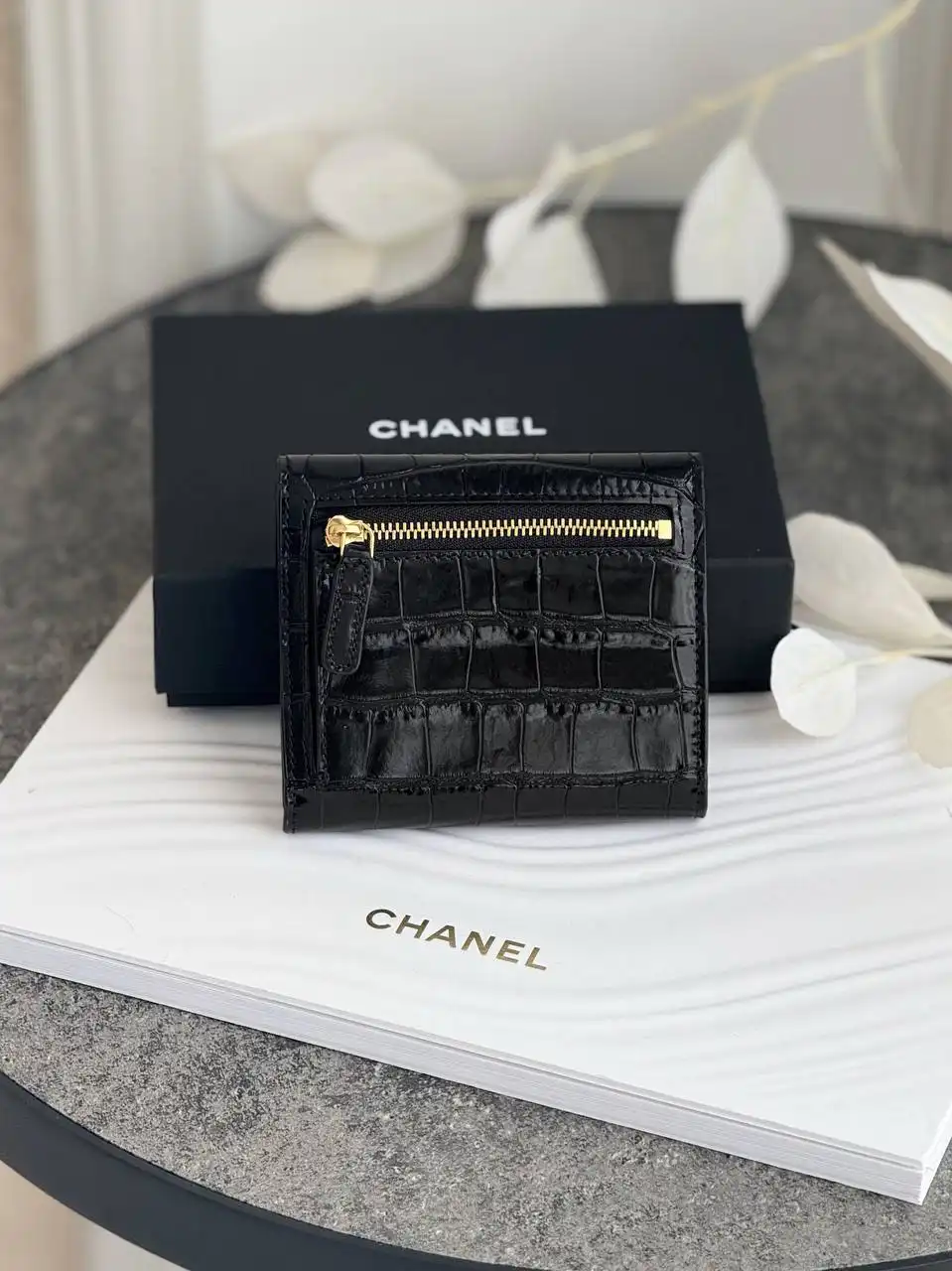 CHANEL Chanel Small Wallet Trifold Croco Black GHW