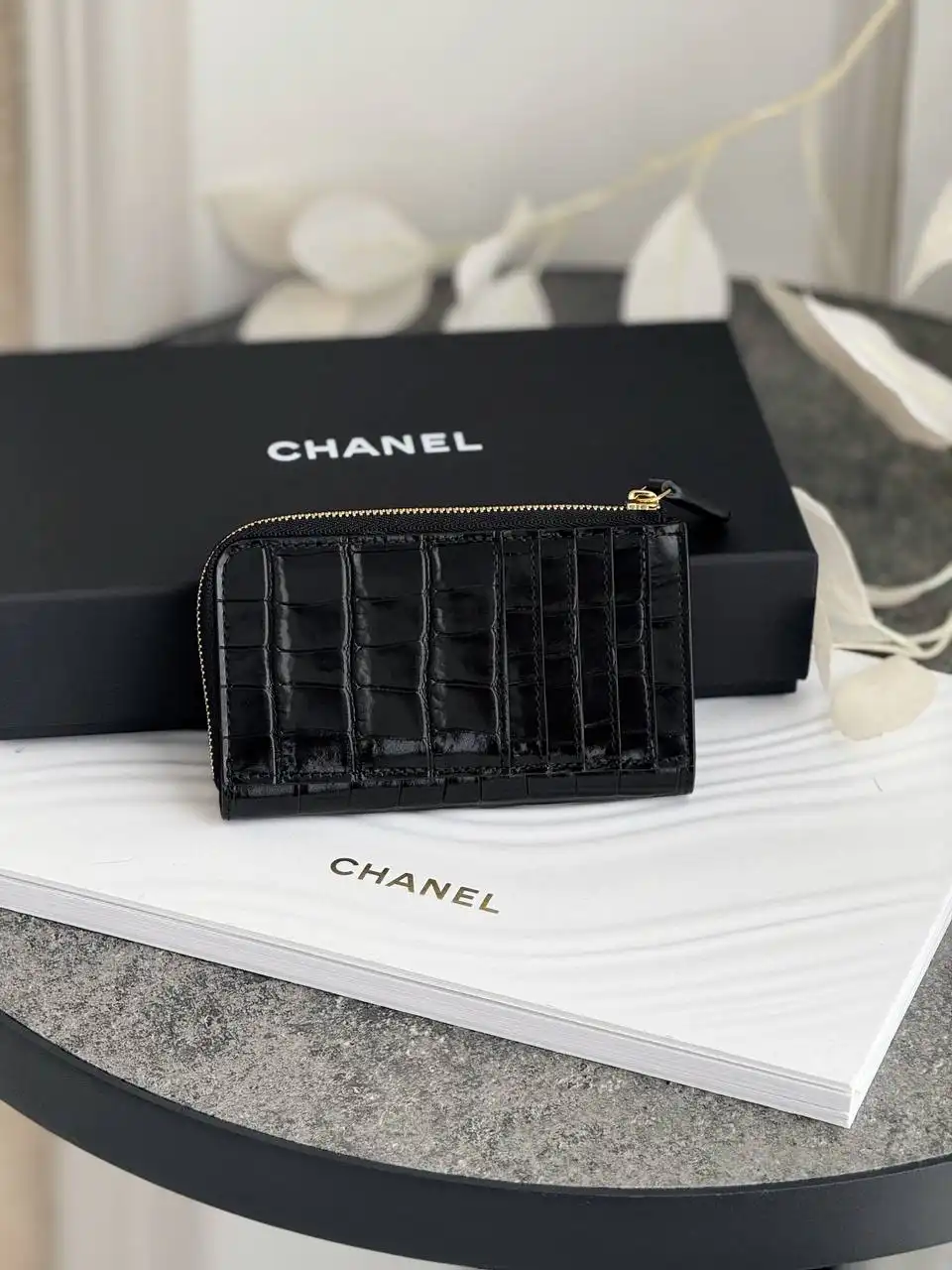 CHANEL Chanel Classic Zipped Card Wallet Croco Black GHW