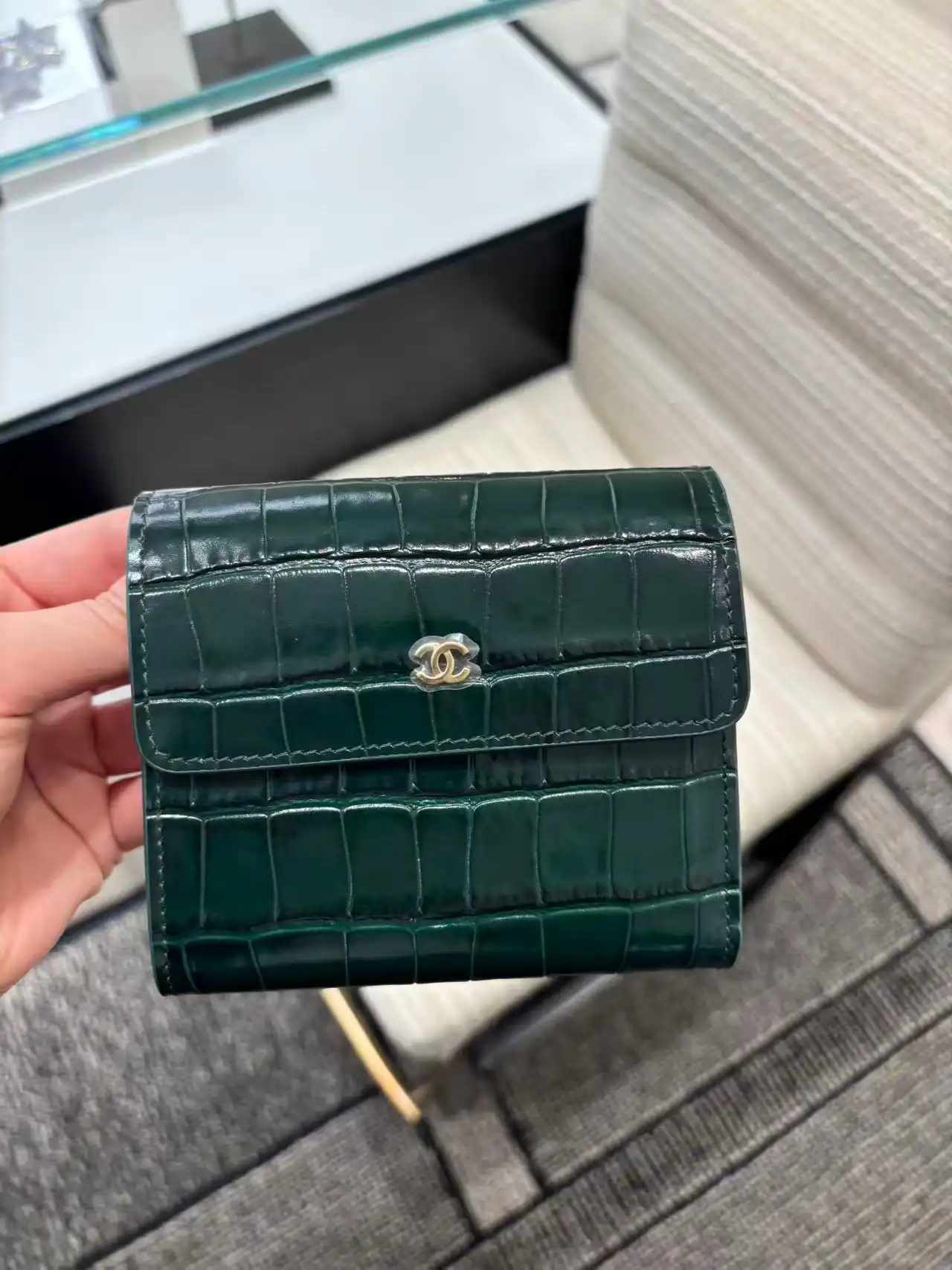 Chanel Small Wallet Trifold Croco Green Emerald GHW - photo 6