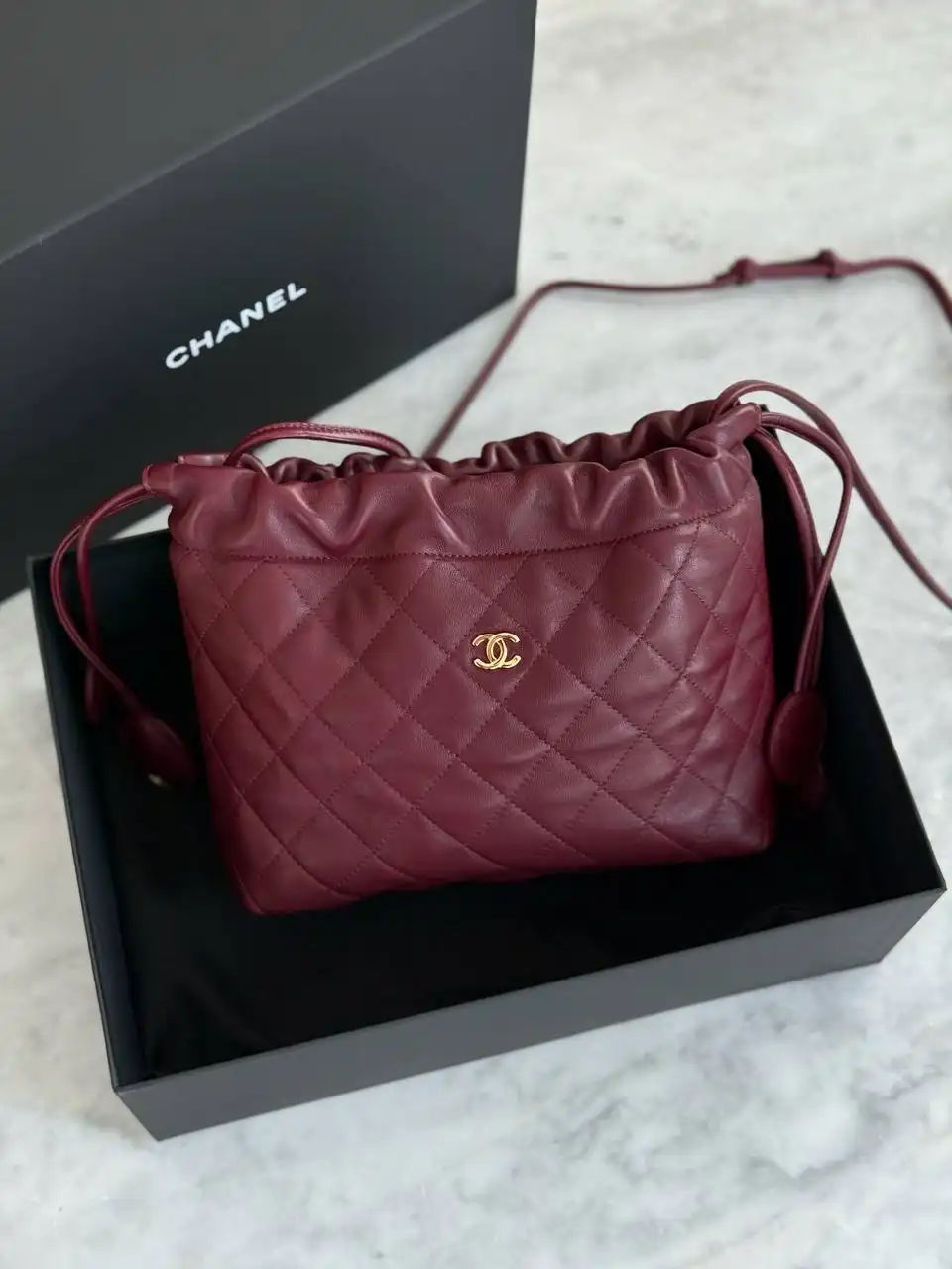 CHANEL Chanel Drawstring Bucket Bag Burgundy GHW