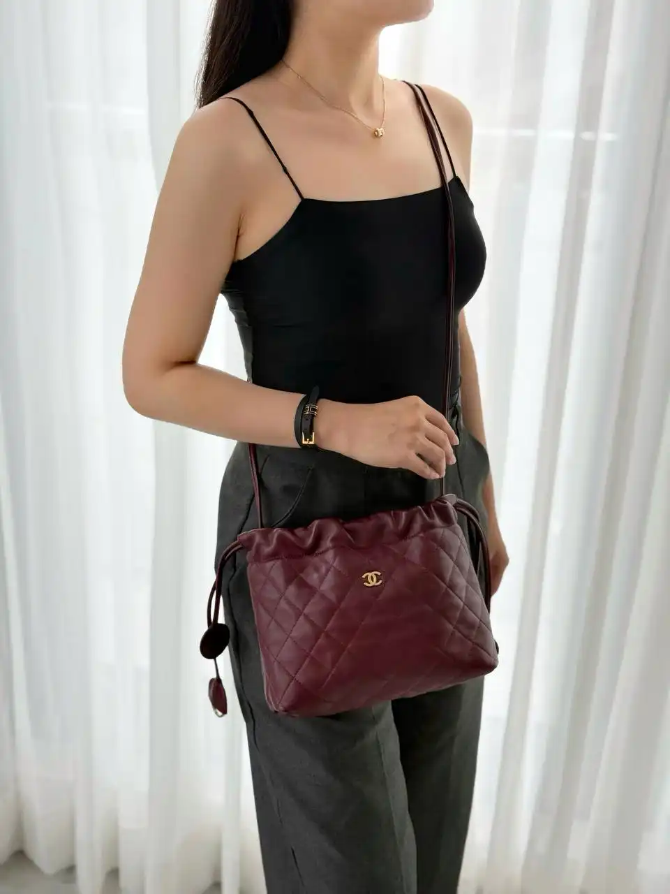 CHANEL Chanel Drawstring Bucket Bag Burgundy GHW