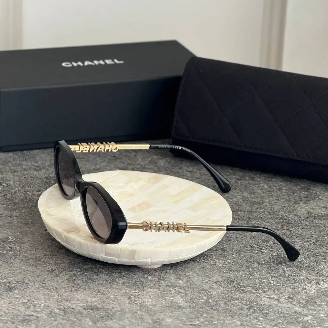 CHANEL Chanel Oval Sunglasses Frame Acetate & Metal Black with Lenses Grey