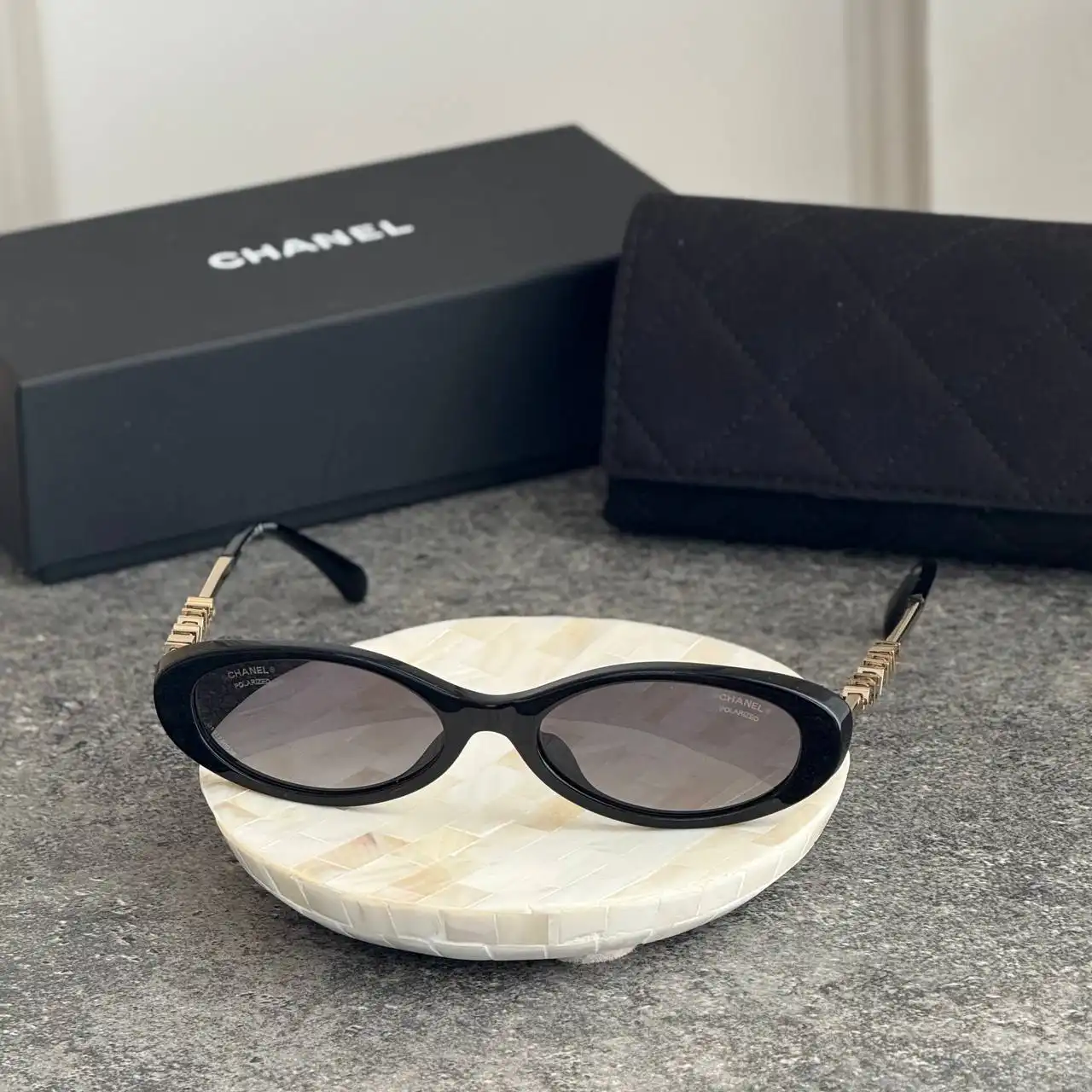 CHANEL Chanel Oval Sunglasses Frame Acetate & Metal Black with Lenses Grey