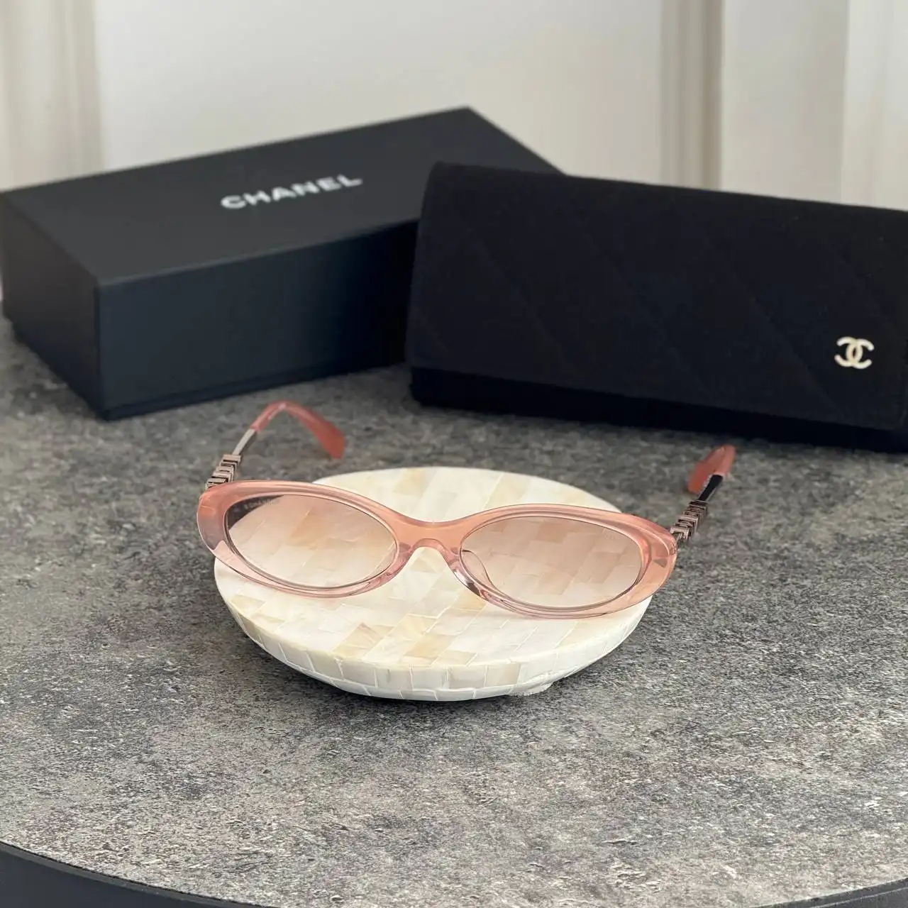 CHANEL Chanel Oval Sunglasses Frame Acetate & Metal Pink Lenses Beige