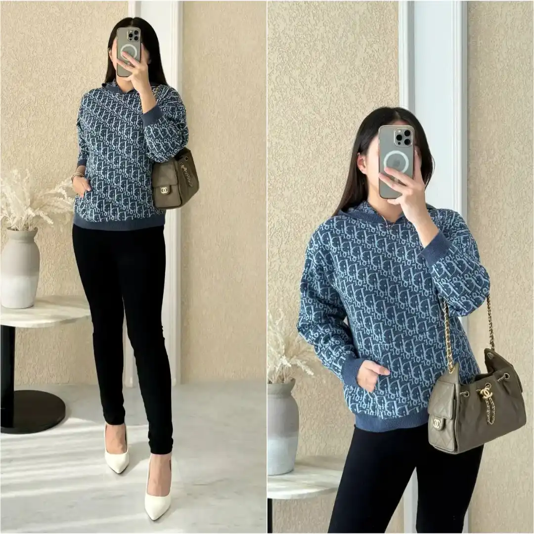 DIOR Dior Hooded Sweatshirt Blue Dior Oblique Cotton Knit Jacquard