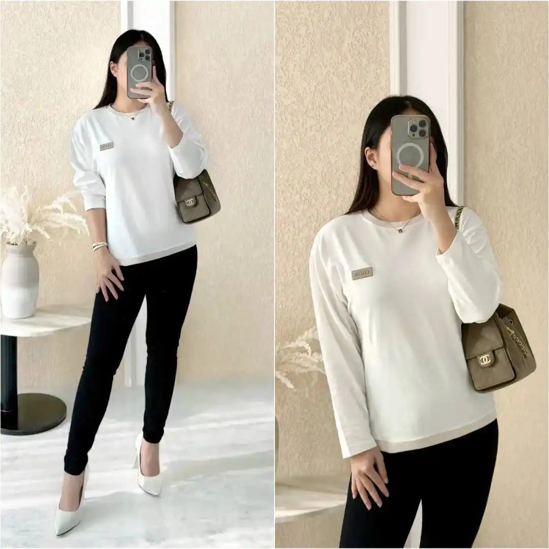 DIOR Dior Long-Sleeved T-Shirt Ivory Cotton Jersey Small Logo