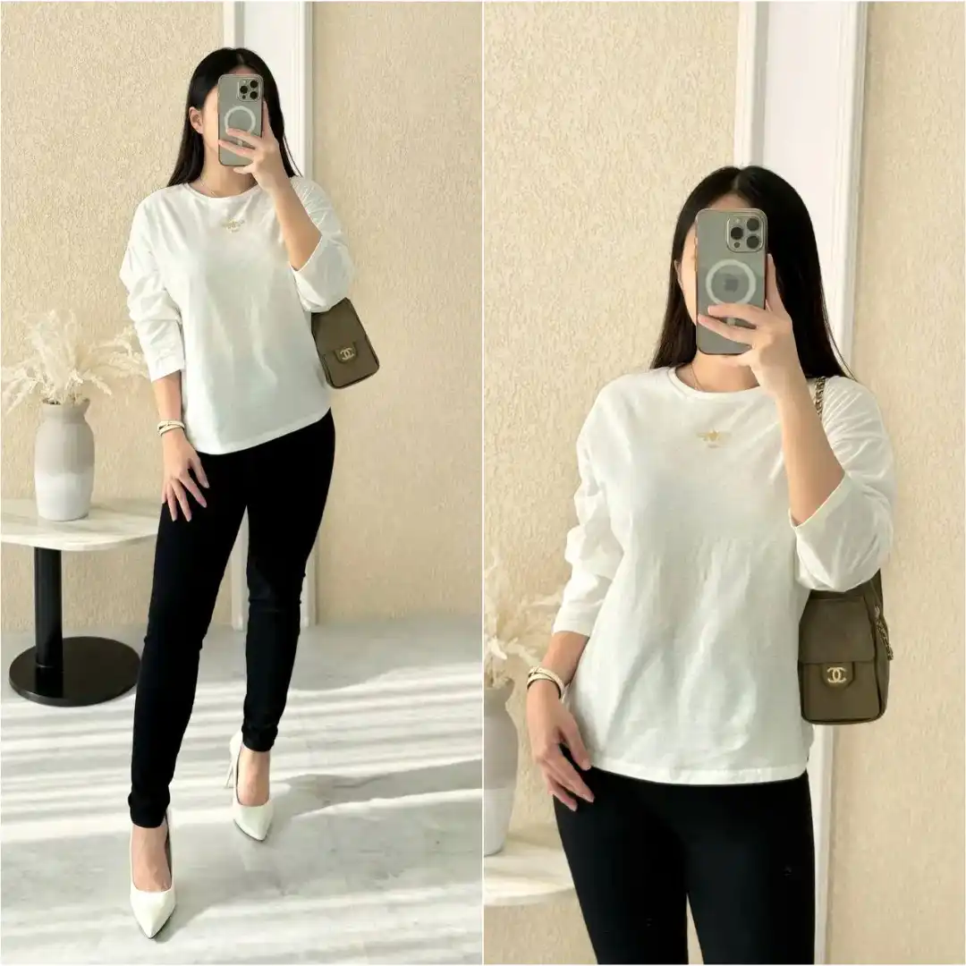 DIOR Dior Long-Sleeved T-Shirt Ivory Cotton Jersey with Gold-Tone Sequins