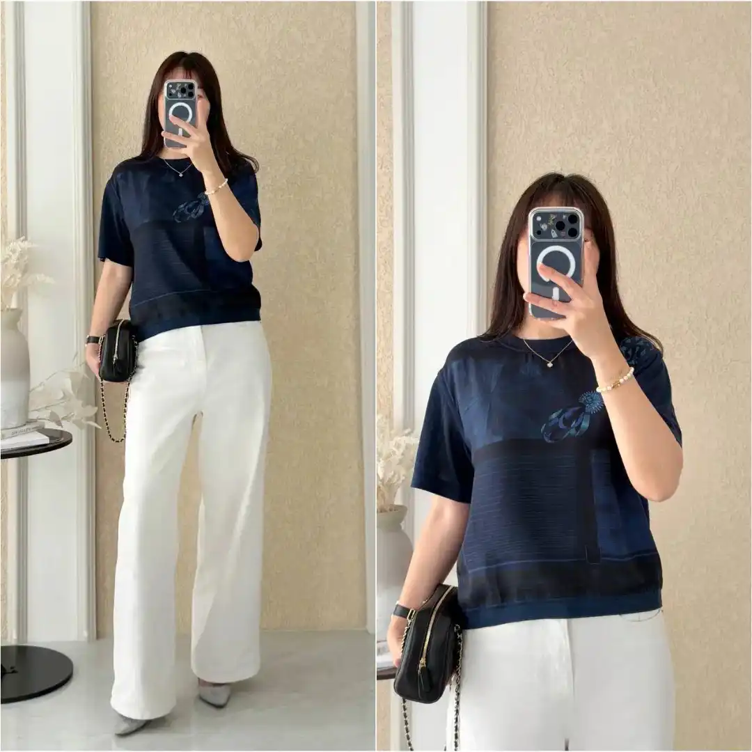 Hermes Hermes top Coloriages de Jour Short-Sleeve Twillaine Sweater Bleu Encre