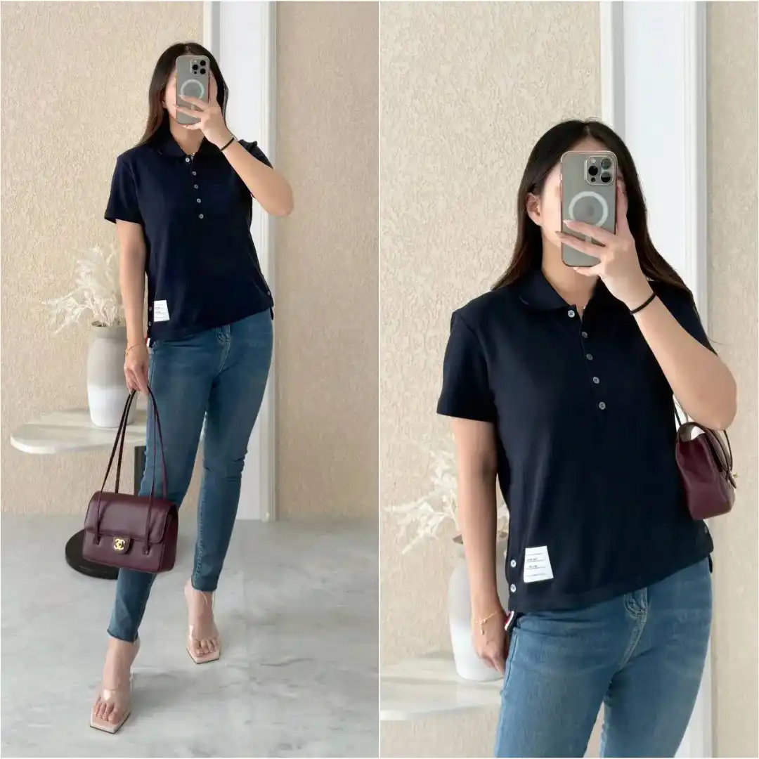Thom Browne Thom Browne Relaxed Fit Short Sleeve Polo Center Back RWB Stripe In Classic Pique Navy