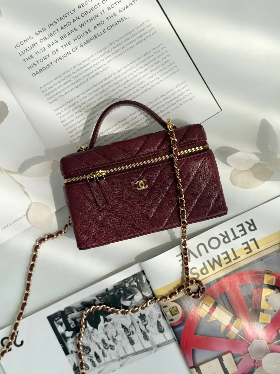 CHANEL Chanel Vanity Clutch Top Handle Chevron Dark Burgundy Caviar GHW