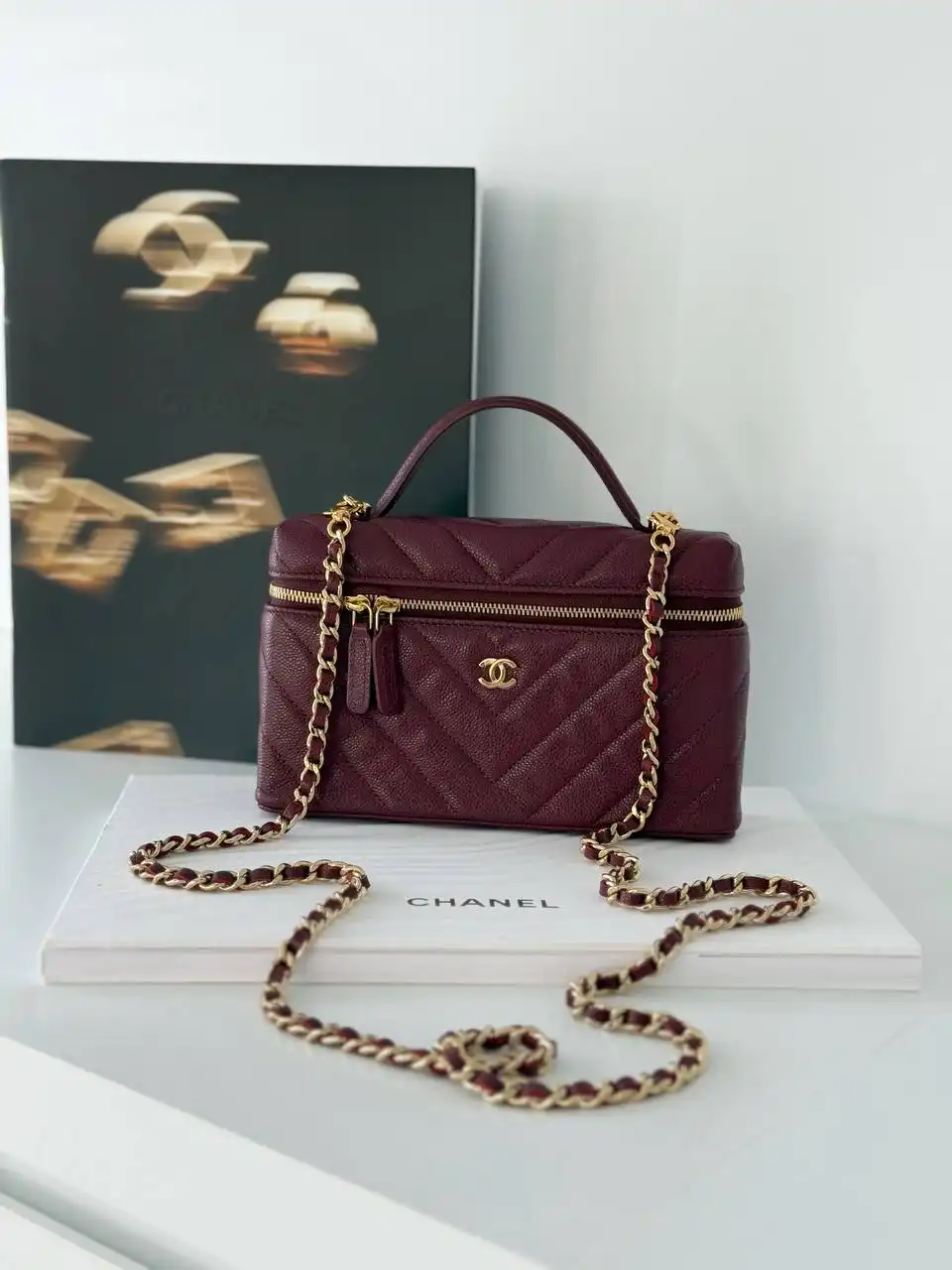 Chanel Vanity Clutch Top Handle Chevron Dark Burgundy Caviar GHW - photo 4